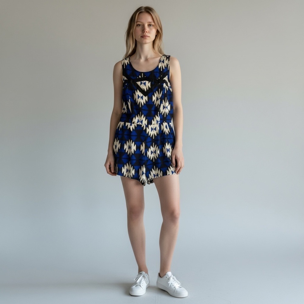 Charlotte Russe Blue and Black Patterned Romper